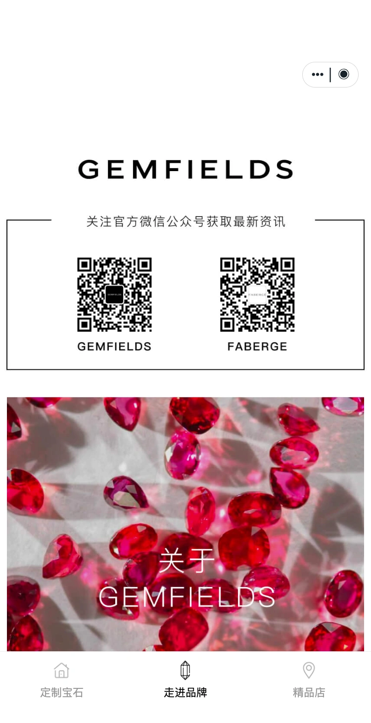 Gemfields 宝石红焕，品牌介绍与两个品牌二维码。