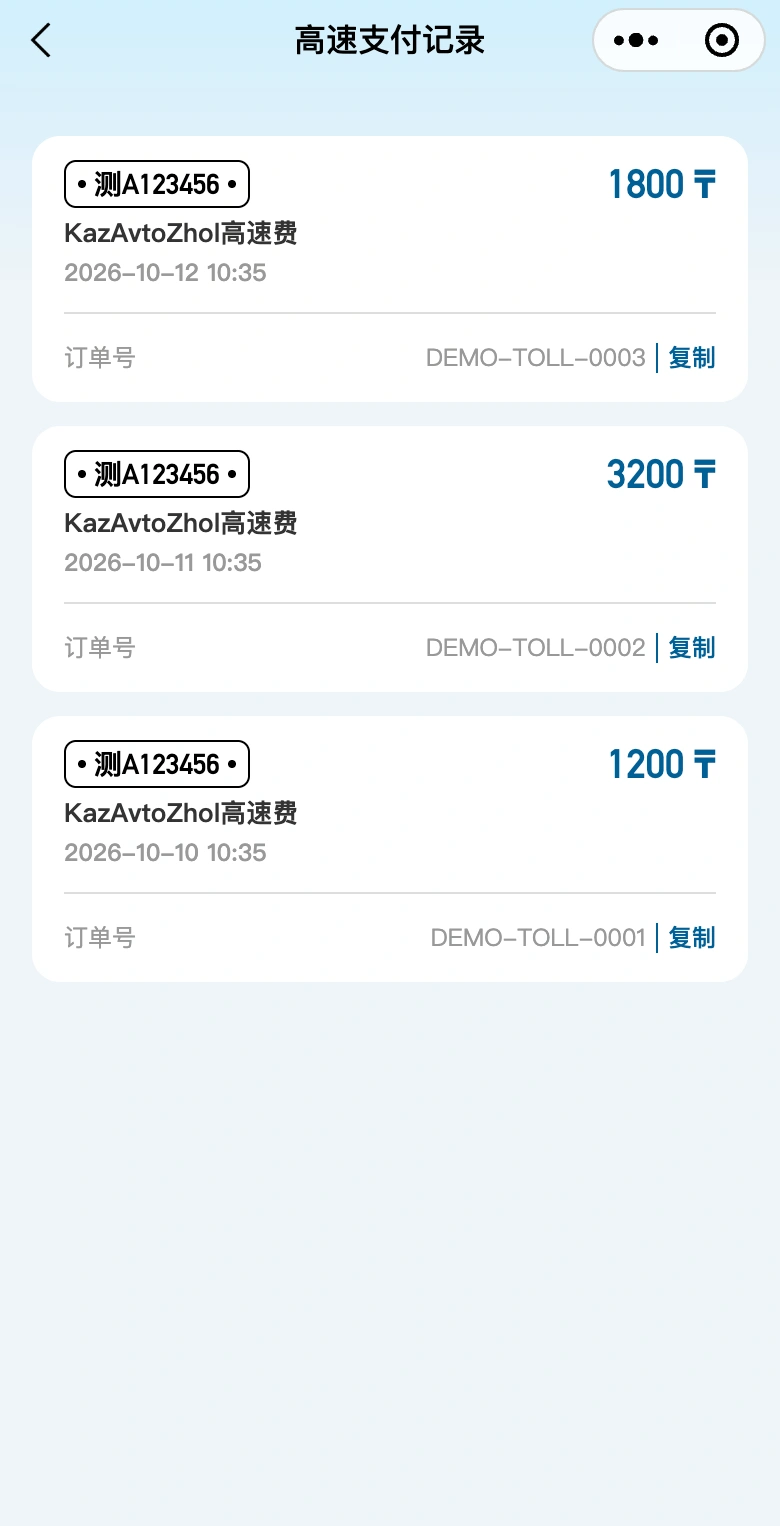 丝路速通高速缴费记录真实界面，展示三条虚拟支付记录